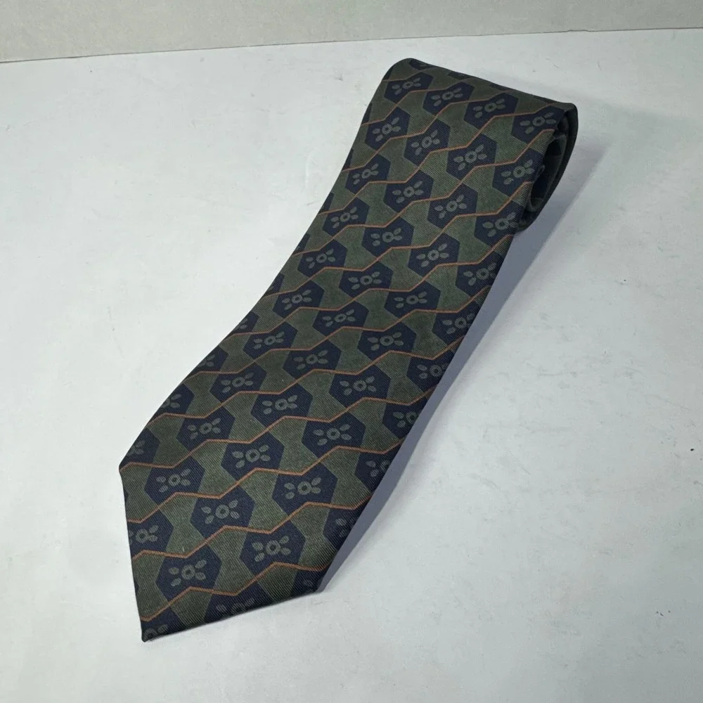 Vintage Giorgio Armani Men's Silk Necktie Green Blue Navy Geometric Classic 1980